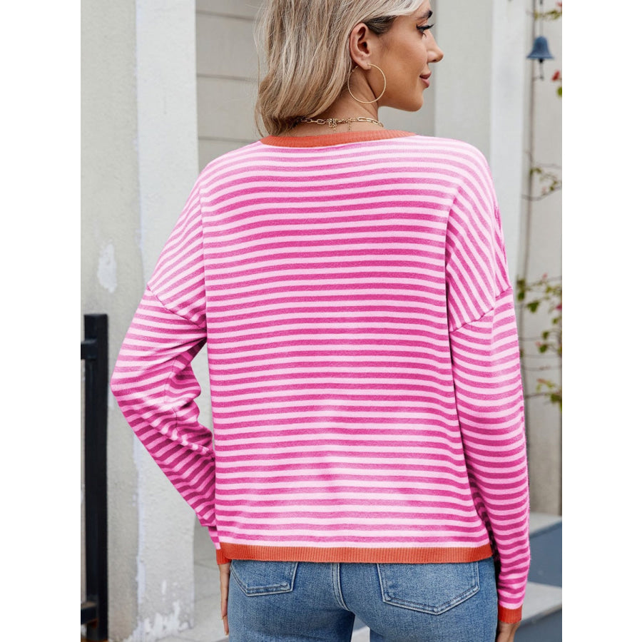 Striped Contrast Round Neck Long Sleeve Sweater Apparel and Accessories