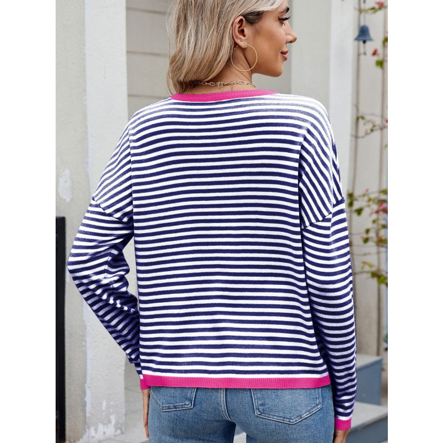 Striped Contrast Round Neck Long Sleeve Sweater Apparel and Accessories