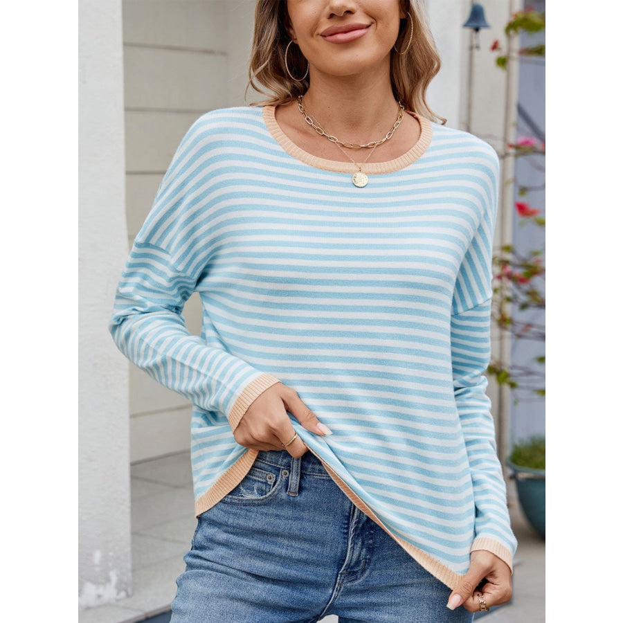 Striped Contrast Round Neck Long Sleeve Sweater Apparel and Accessories