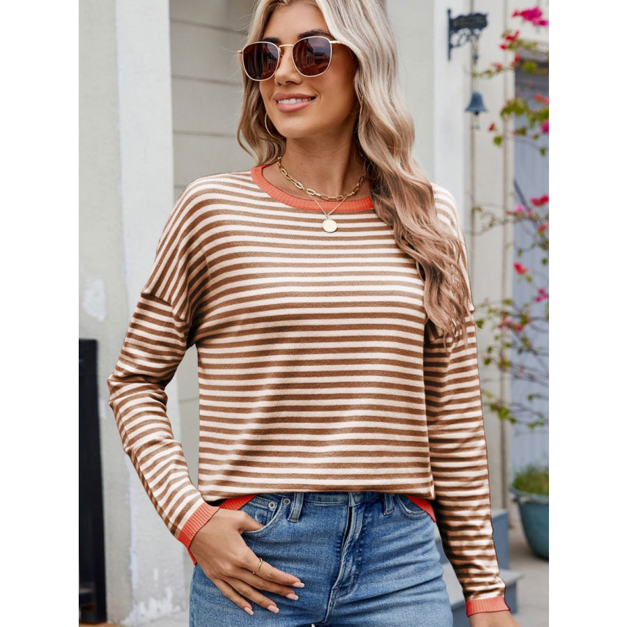 Striped Contrast Round Neck Long Sleeve Sweater Apparel and Accessories