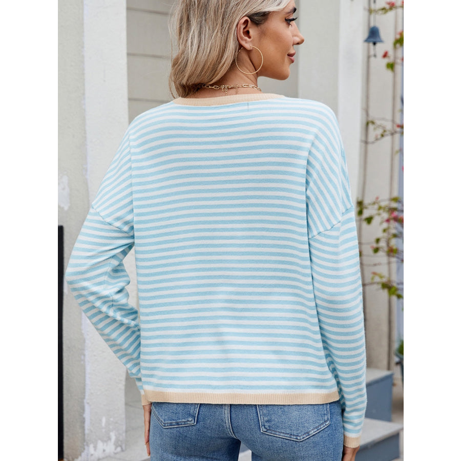 Striped Contrast Round Neck Long Sleeve Sweater Apparel and Accessories