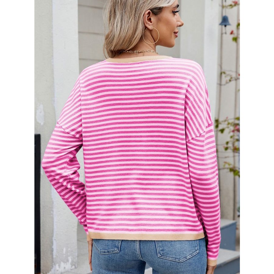 Striped Contrast Round Neck Long Sleeve Sweater Apparel and Accessories