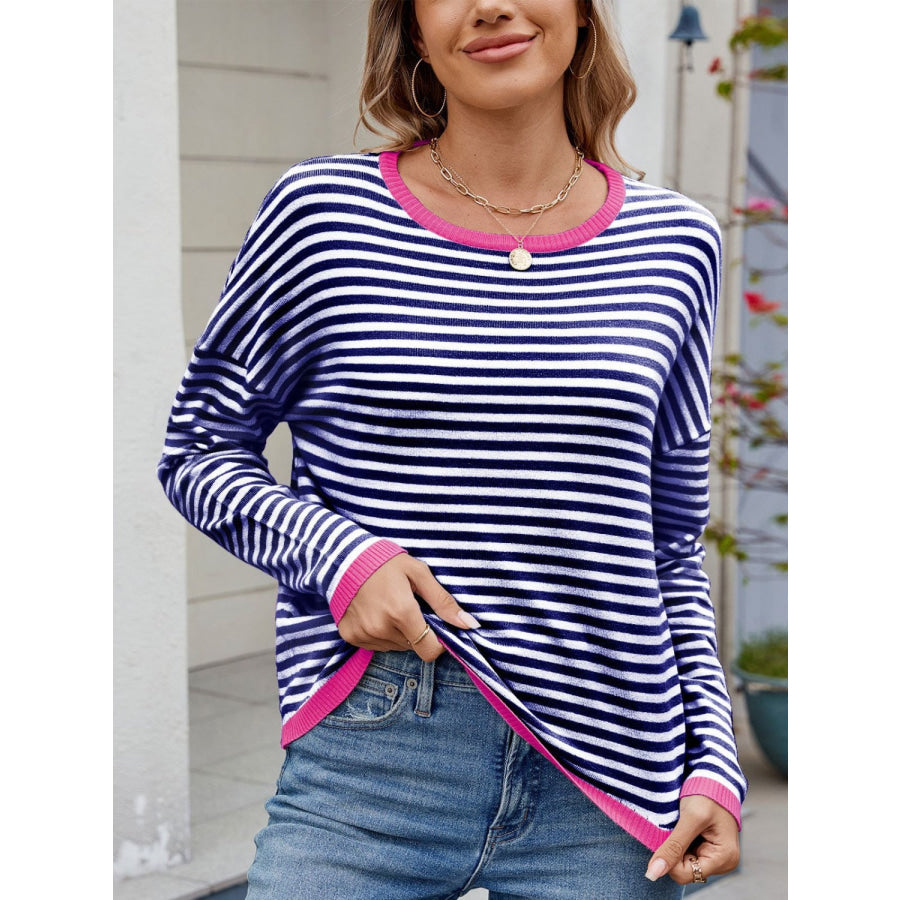 Striped Contrast Round Neck Long Sleeve Sweater Apparel and Accessories