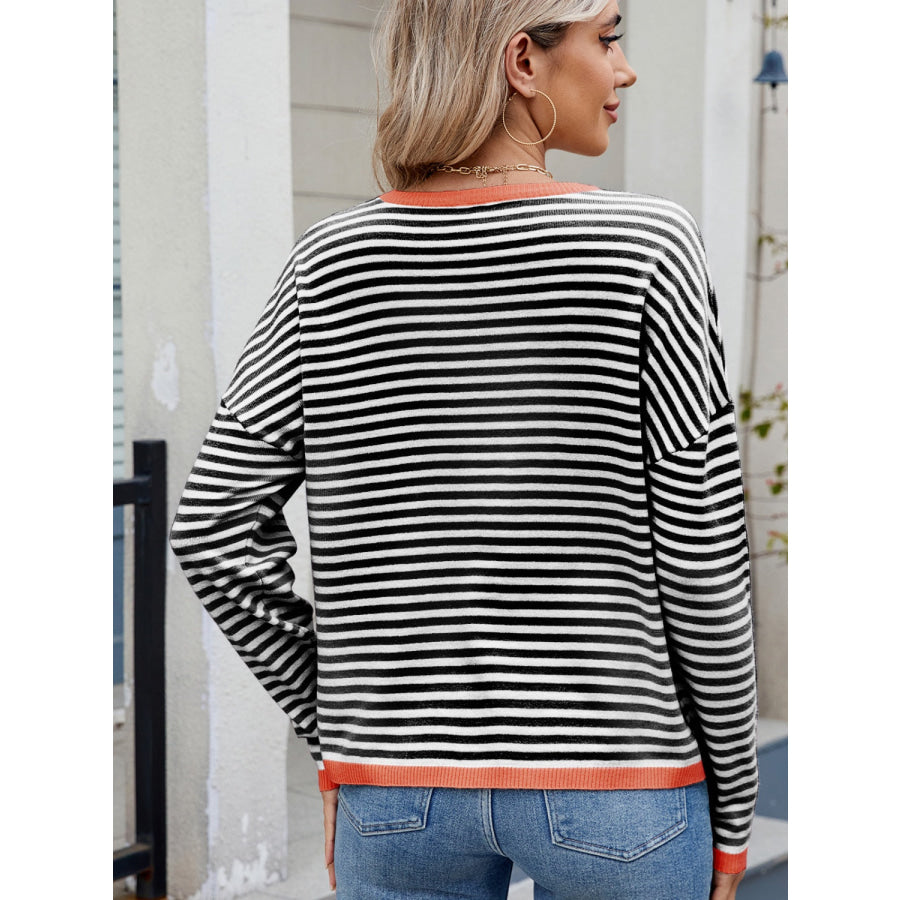 Striped Contrast Round Neck Long Sleeve Sweater Apparel and Accessories