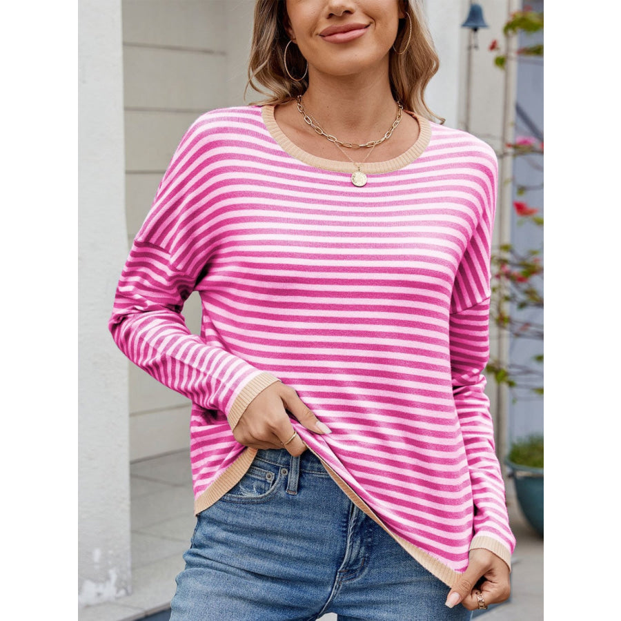 Striped Contrast Round Neck Long Sleeve Sweater Apparel and Accessories