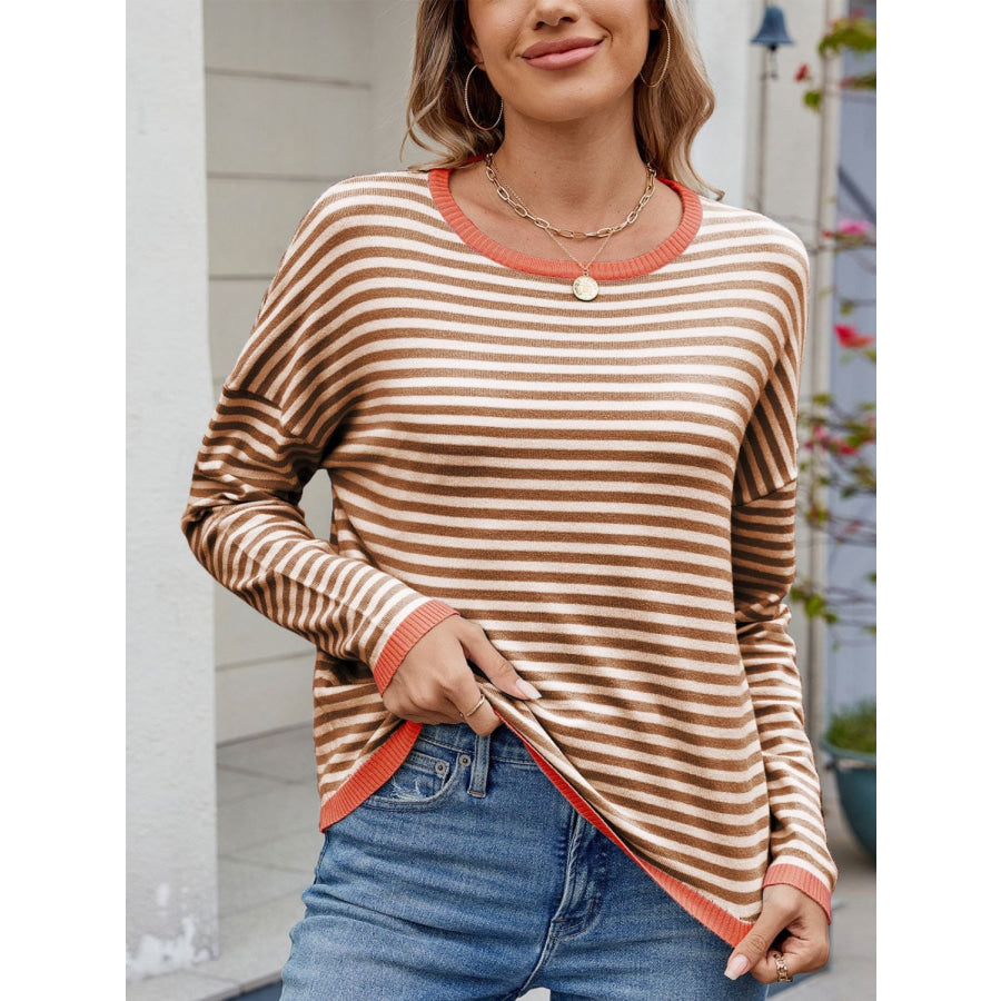 Striped Contrast Round Neck Long Sleeve Sweater Apparel and Accessories