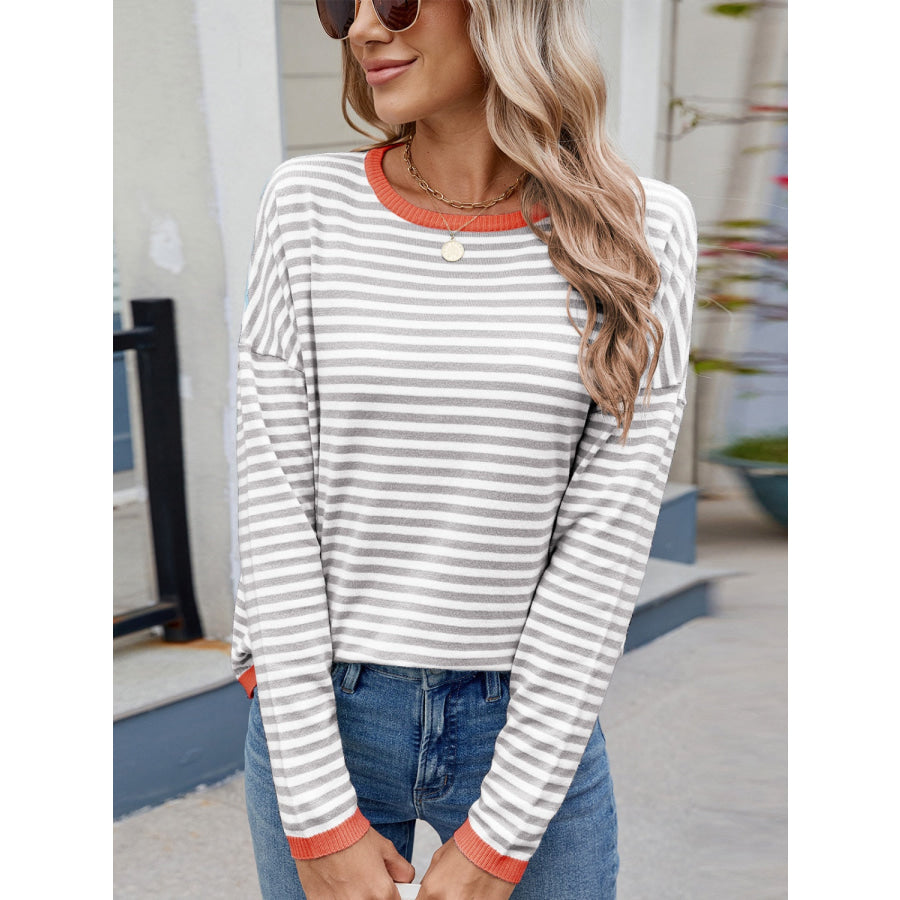 Striped Contrast Round Neck Long Sleeve Sweater Apparel and Accessories