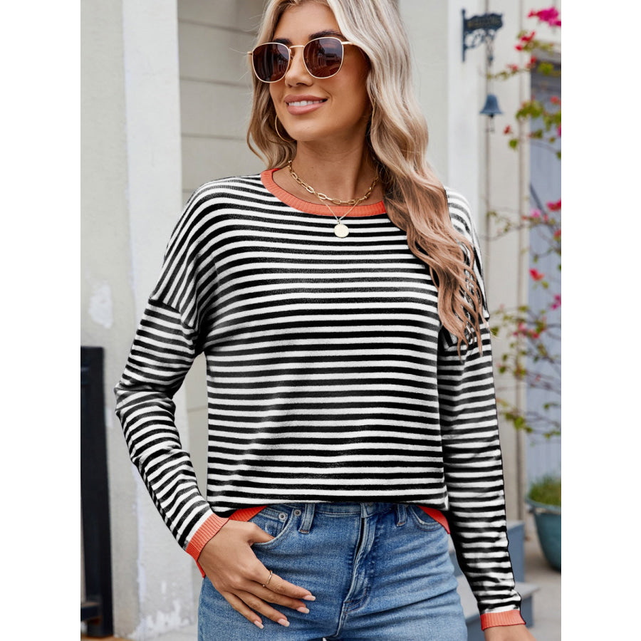 Striped Contrast Round Neck Long Sleeve Sweater Apparel and Accessories