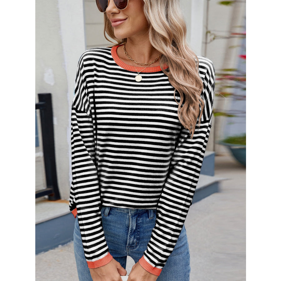 Striped Contrast Round Neck Long Sleeve Sweater Black / S Apparel and Accessories