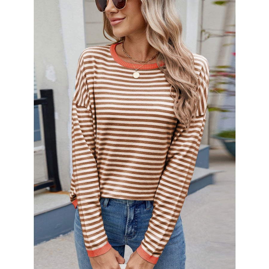 Striped Contrast Round Neck Long Sleeve Sweater Caramel / S Apparel and Accessories