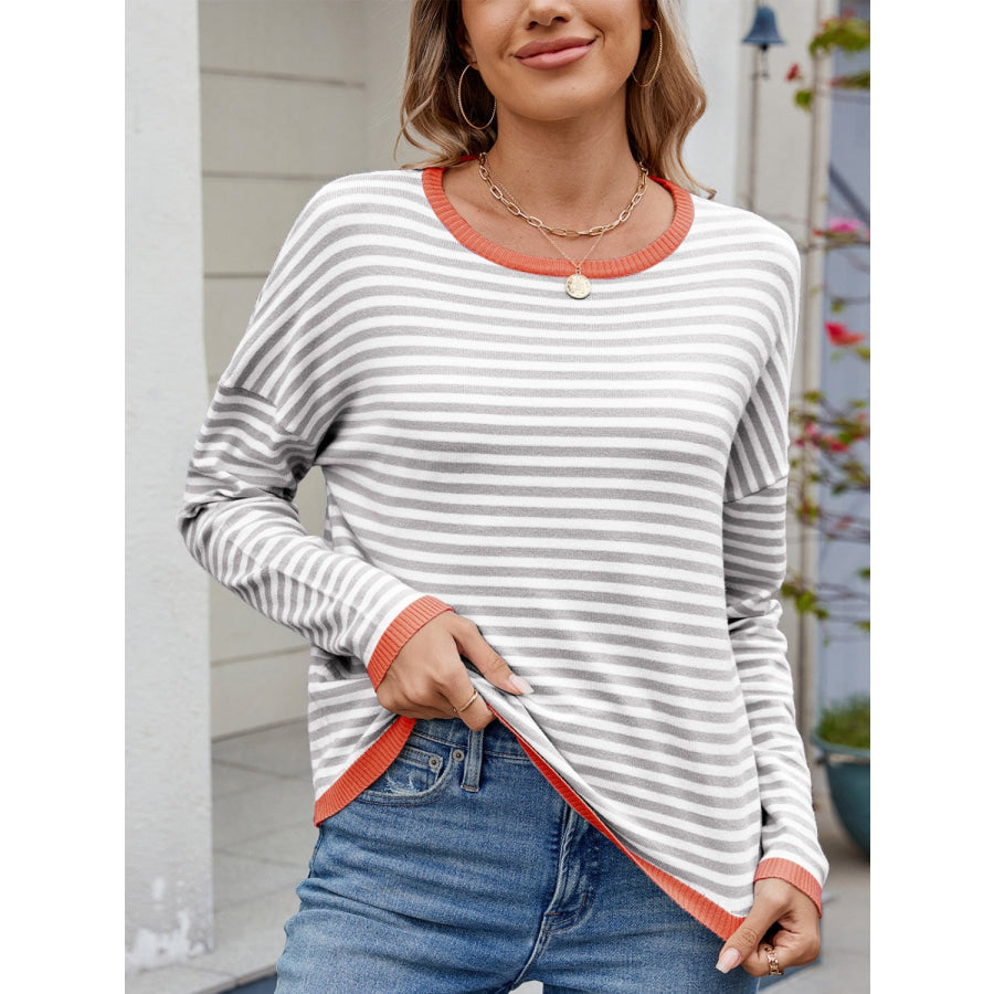 Striped Contrast Round Neck Long Sleeve Sweater Gray / S Apparel and Accessories