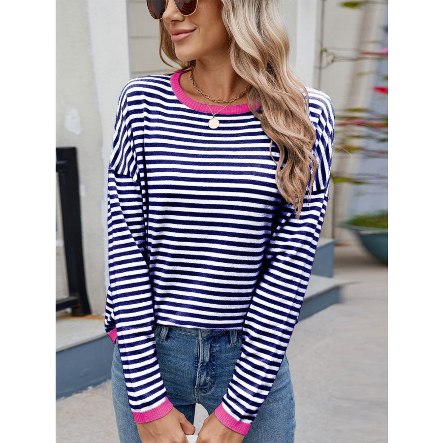Striped Contrast Round Neck Long Sleeve Sweater Navy / S Apparel and Accessories