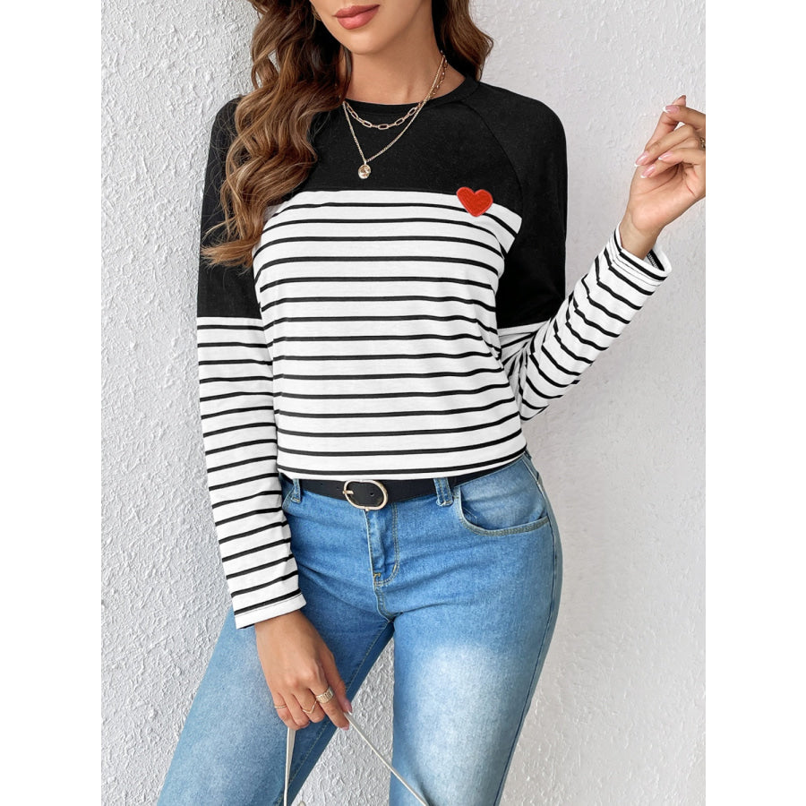 Striped Contrast Round Neck Long Sleeve T-Shirt Apparel and Accessories