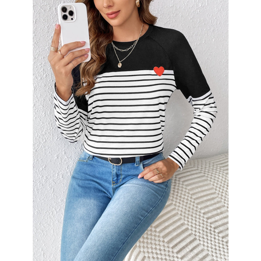 Striped Contrast Round Neck Long Sleeve T-Shirt Apparel and Accessories