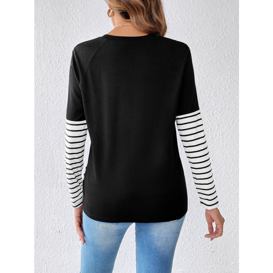 Striped Contrast Round Neck Long Sleeve T-Shirt Apparel and Accessories