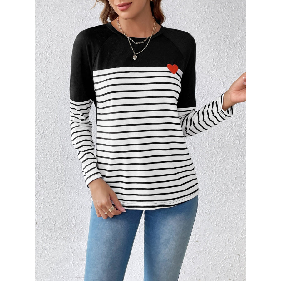 Striped Contrast Round Neck Long Sleeve T-Shirt Black / S Apparel and Accessories