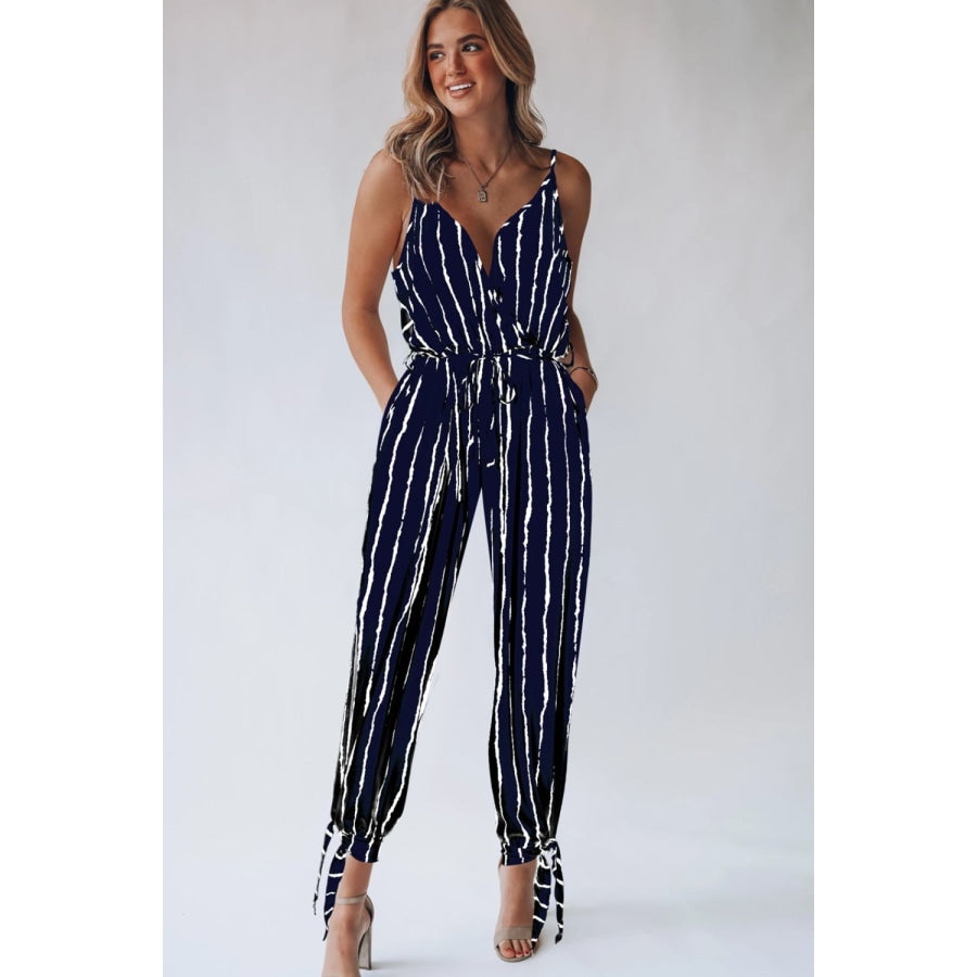 Striped Contrast Tie Ankle Spaghetti Strap Jumpsuit Dark Navy / S