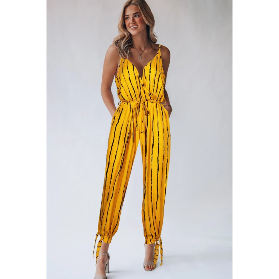 Striped Contrast Tie Ankle Spaghetti Strap Jumpsuit Mustard / S