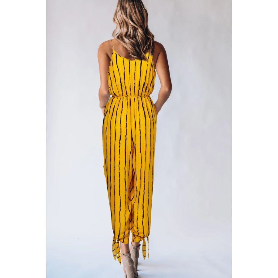 Striped Contrast Tie Ankle Spaghetti Strap Jumpsuit