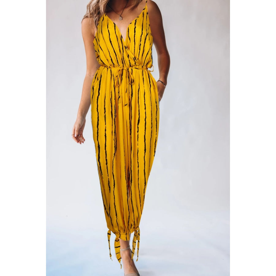 Striped Contrast Tie Ankle Spaghetti Strap Jumpsuit