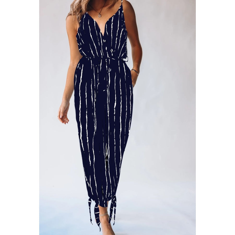 Striped Contrast Tie Ankle Spaghetti Strap Jumpsuit