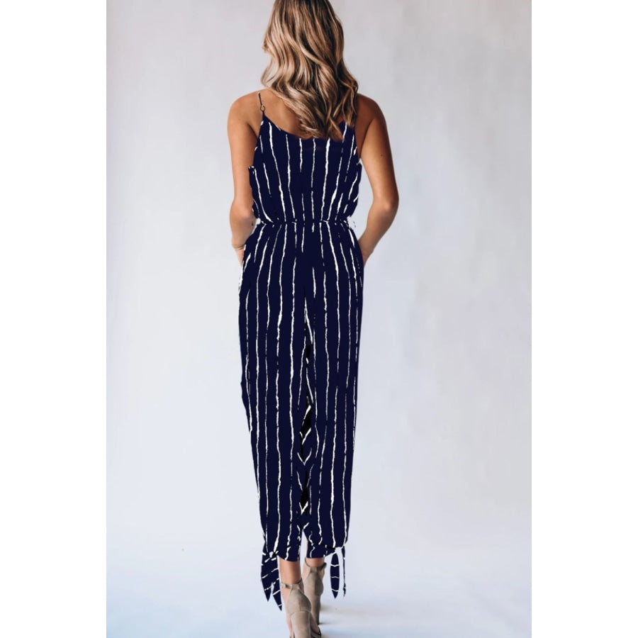 Striped Contrast Tie Ankle Spaghetti Strap Jumpsuit