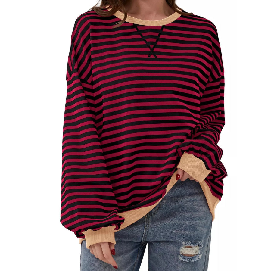 Striped Contrast Trim Oversized Sweatshirt Burgundy / S Apparel and Accessories