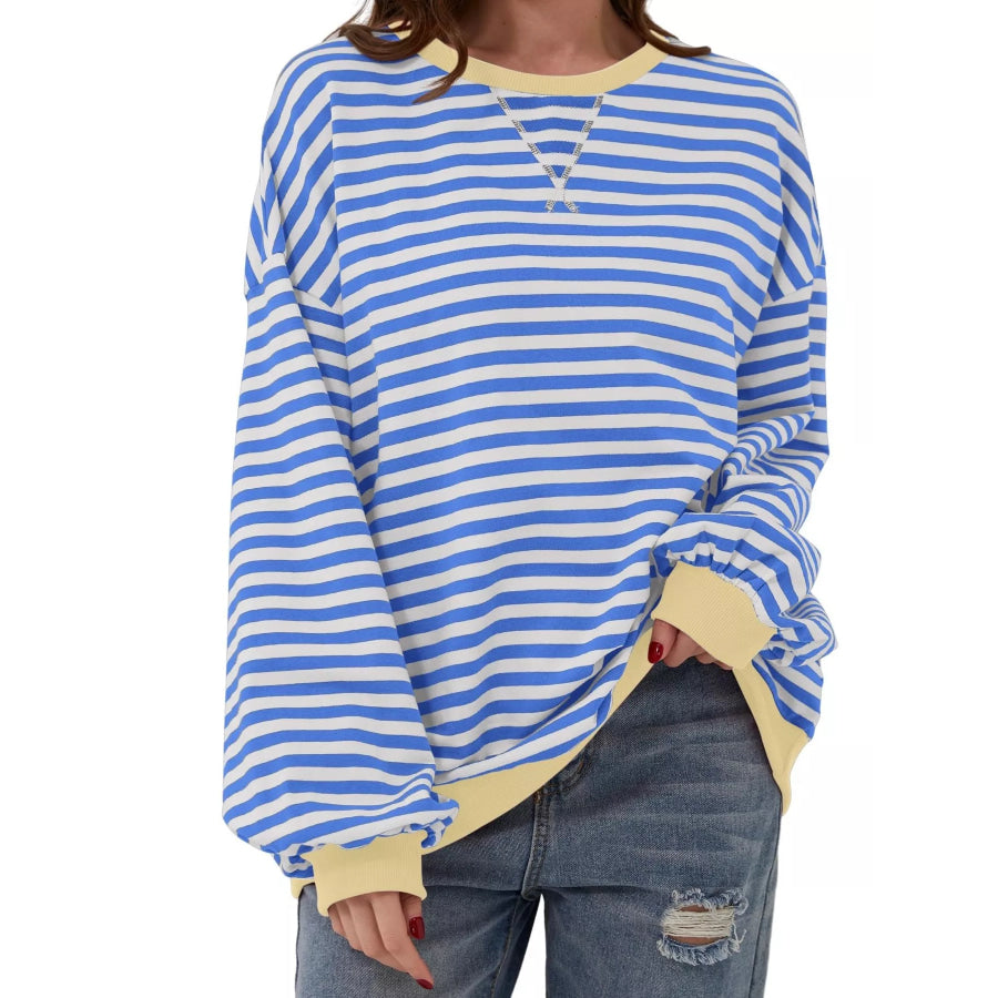 Striped Contrast Trim Oversized Sweatshirt Light Blue / S Apparel and Accessories