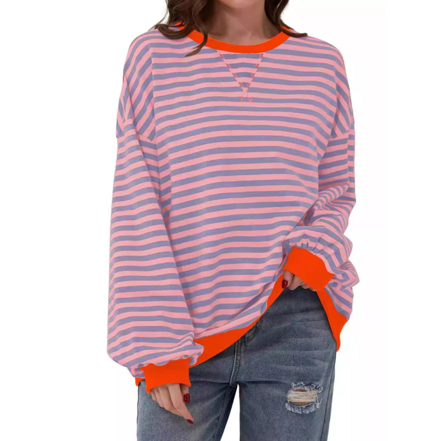 Striped Contrast Trim Oversized Sweatshirt Orange / S Apparel and Accessories