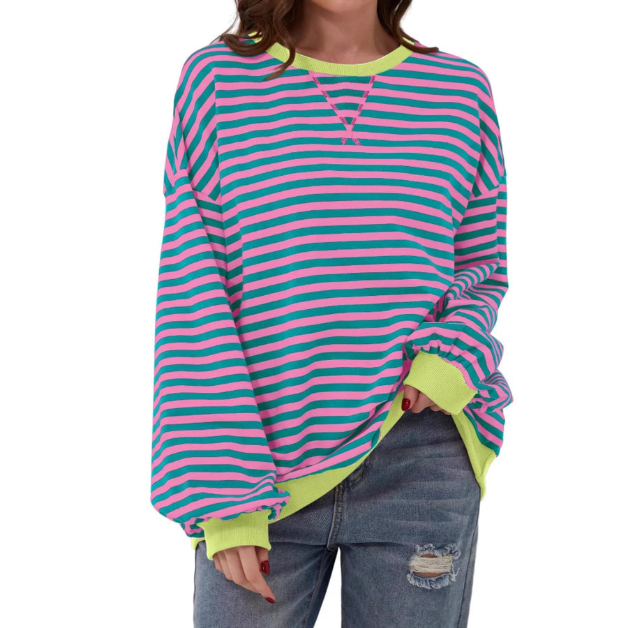 Striped Contrast Trim Oversized Sweatshirt Pink / S Apparel and Accessories