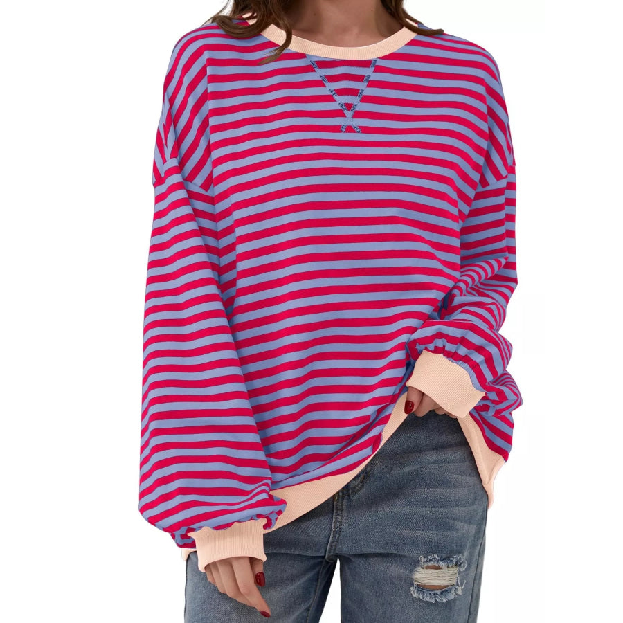 Striped Contrast Trim Oversized Sweatshirt Purple Pink / S Apparel and Accessories