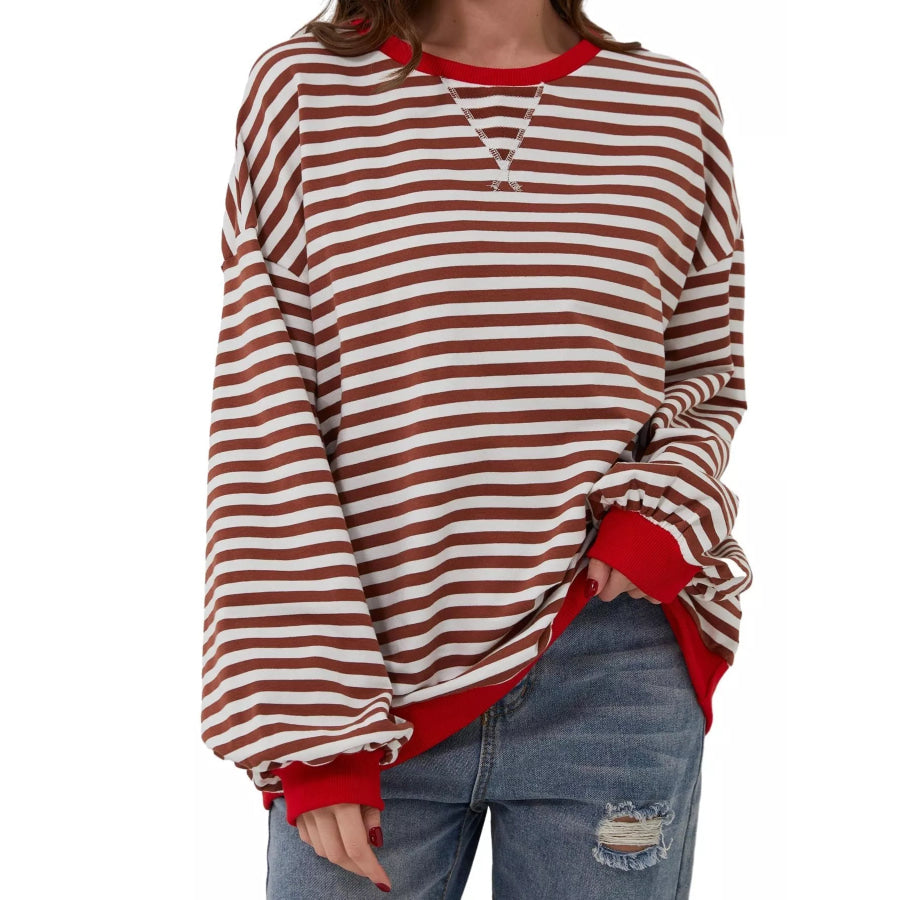Striped Contrast Trim Oversized Sweatshirt Red / S Apparel and Accessories