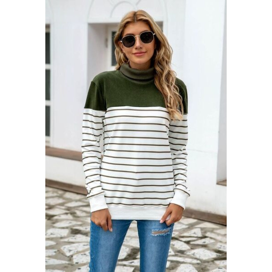 Striped Contrast Turtleneck Sweater Army Green / S Clothing