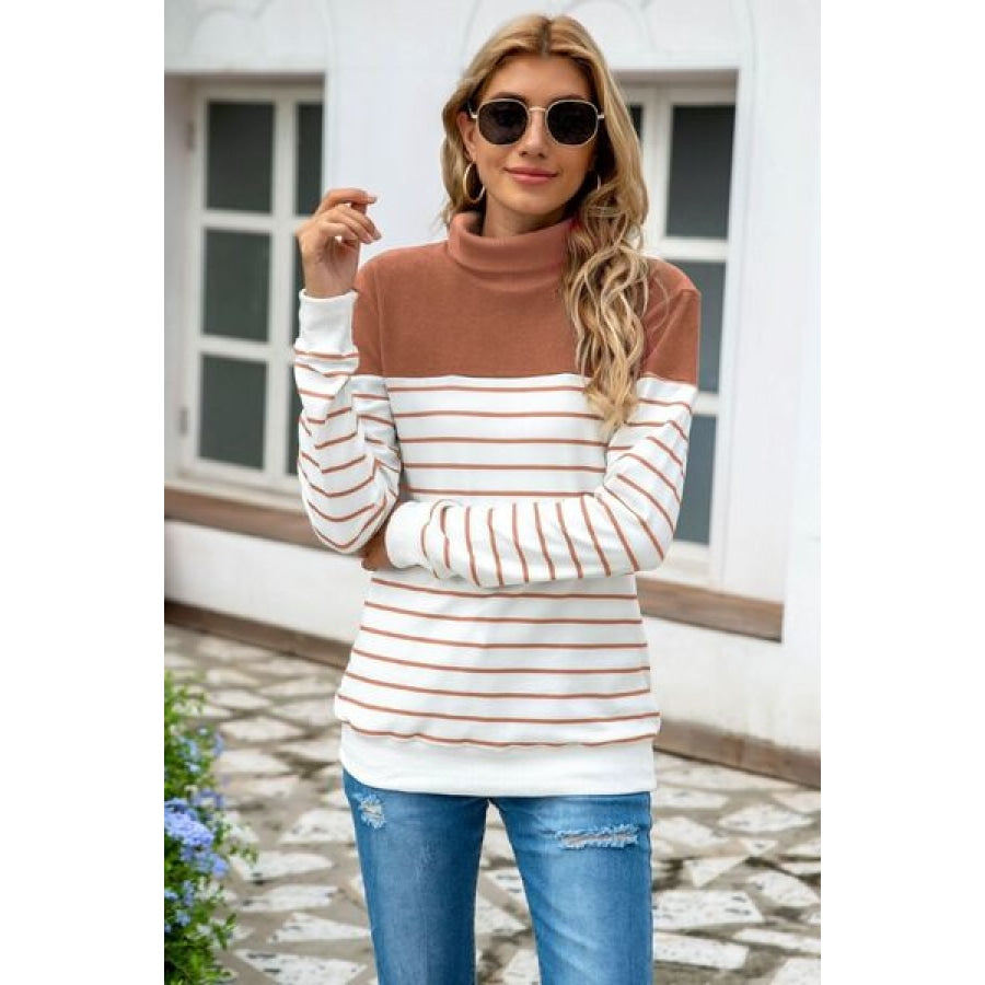 Striped Contrast Turtleneck Sweater Camel / S Clothing