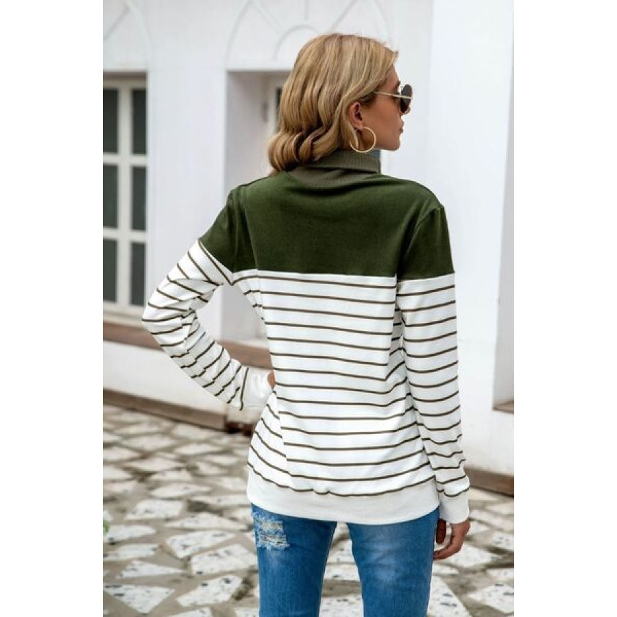 Striped Contrast Turtleneck Sweater Army Green / S Clothing