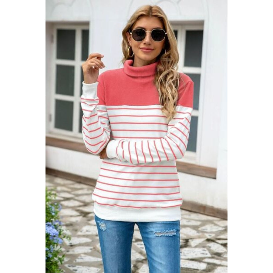 Striped Contrast Turtleneck Sweater Strawberry / S Clothing