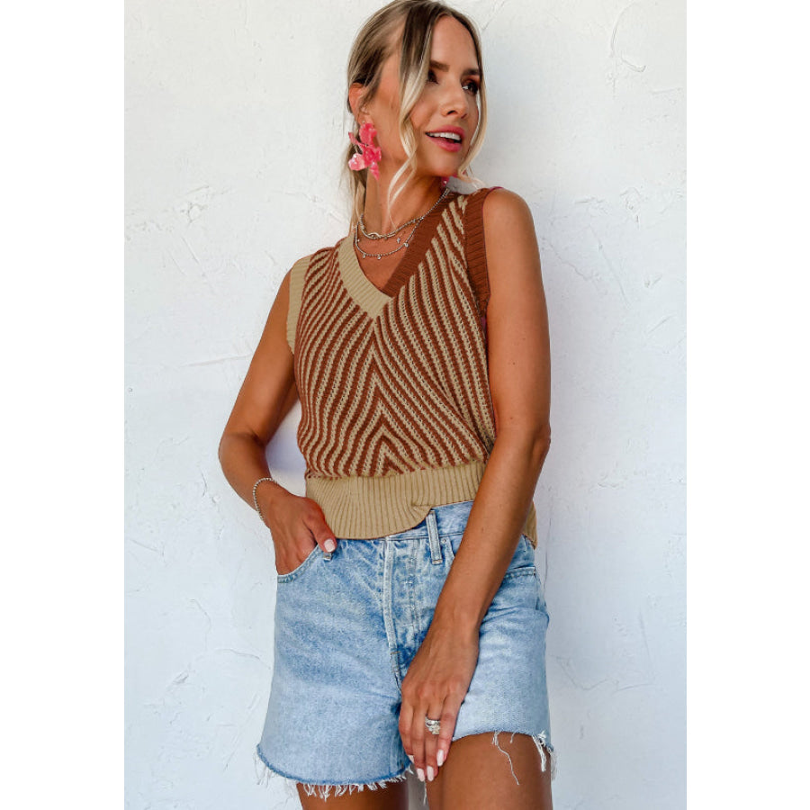 Striped Contrast V-Neck Sweater Vest Apparel and Accessories