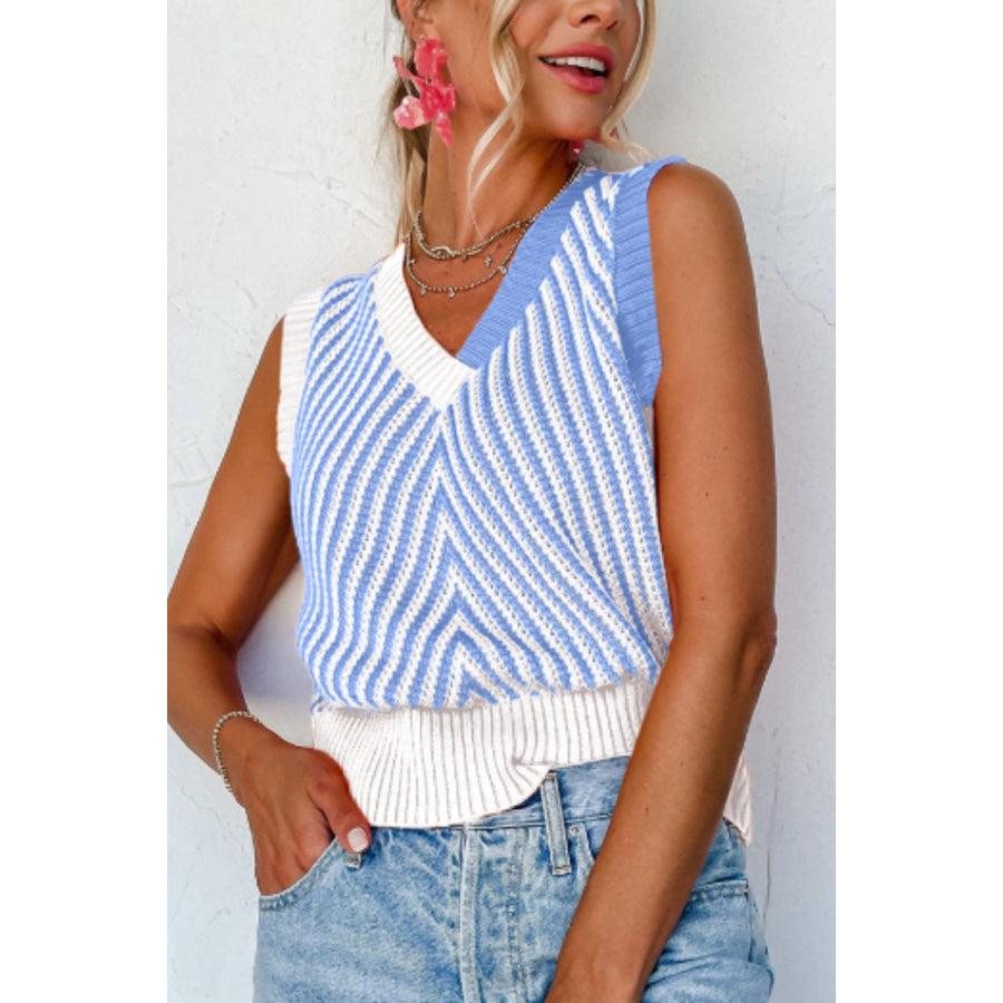 Striped Contrast V-Neck Sweater Vest Light Blue / S Apparel and Accessories