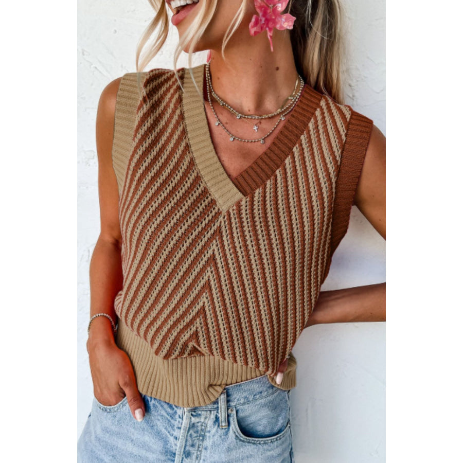Striped Contrast V-Neck Sweater Vest Brown / S Apparel and Accessories