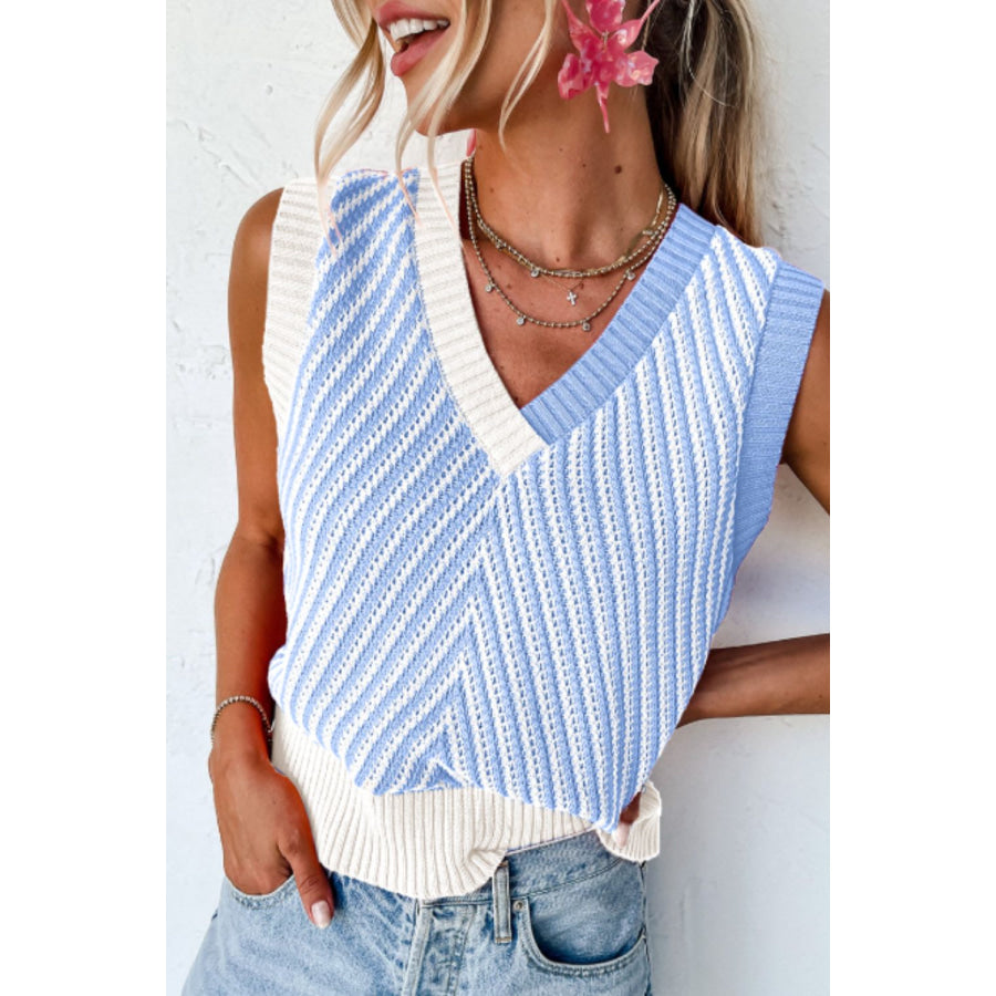 Striped Contrast V-Neck Sweater Vest Light Blue / S Apparel and Accessories