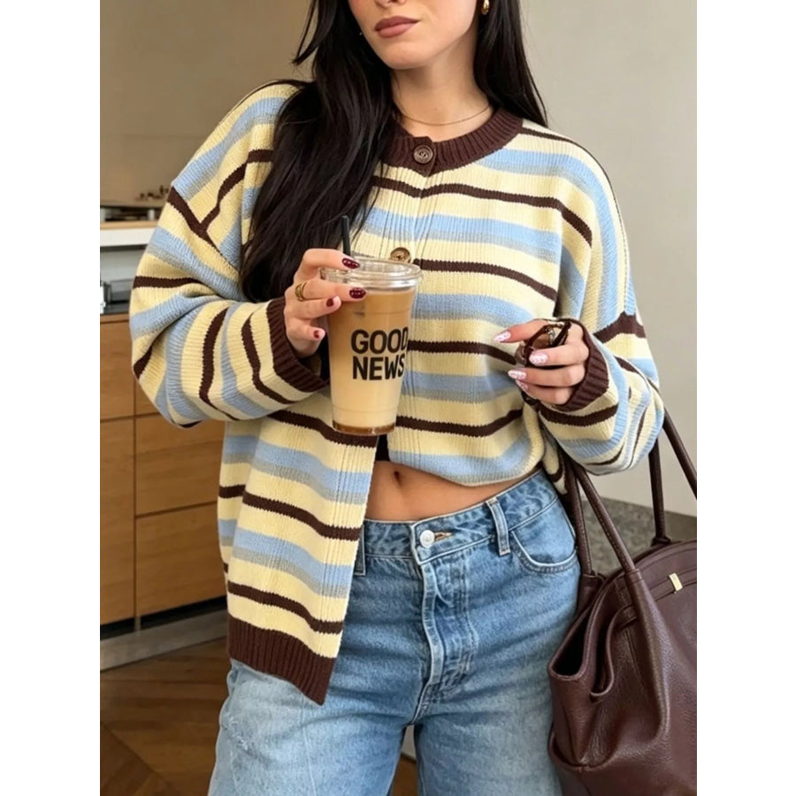 Striped Crew Neck Button-Down Cardigan Apparel and Accessories