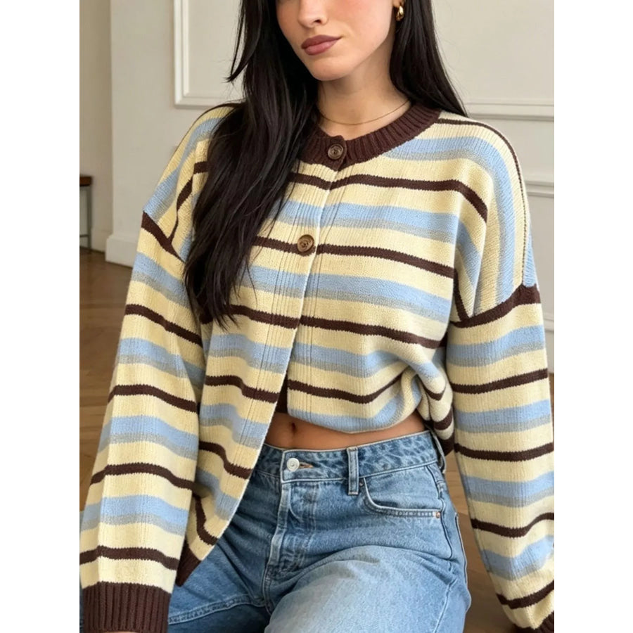 Striped Crew Neck Button-Down Cardigan Apparel and Accessories