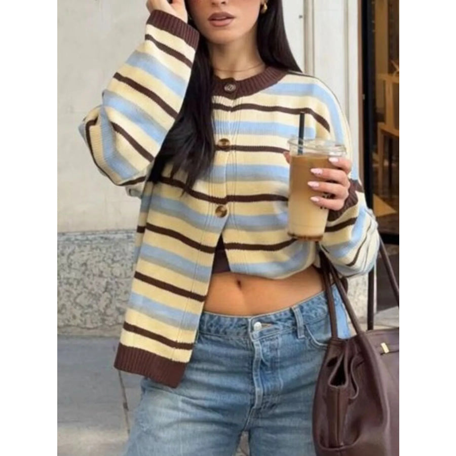 Striped Crew Neck Button-Down Cardigan Apparel and Accessories