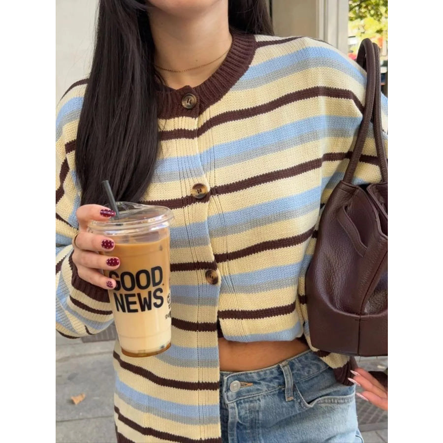Striped Crew Neck Button-Down Cardigan Apparel and Accessories