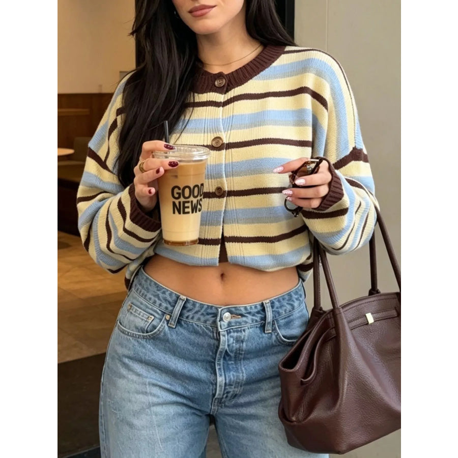Striped Crew Neck Button-Down Cardigan Apparel and Accessories