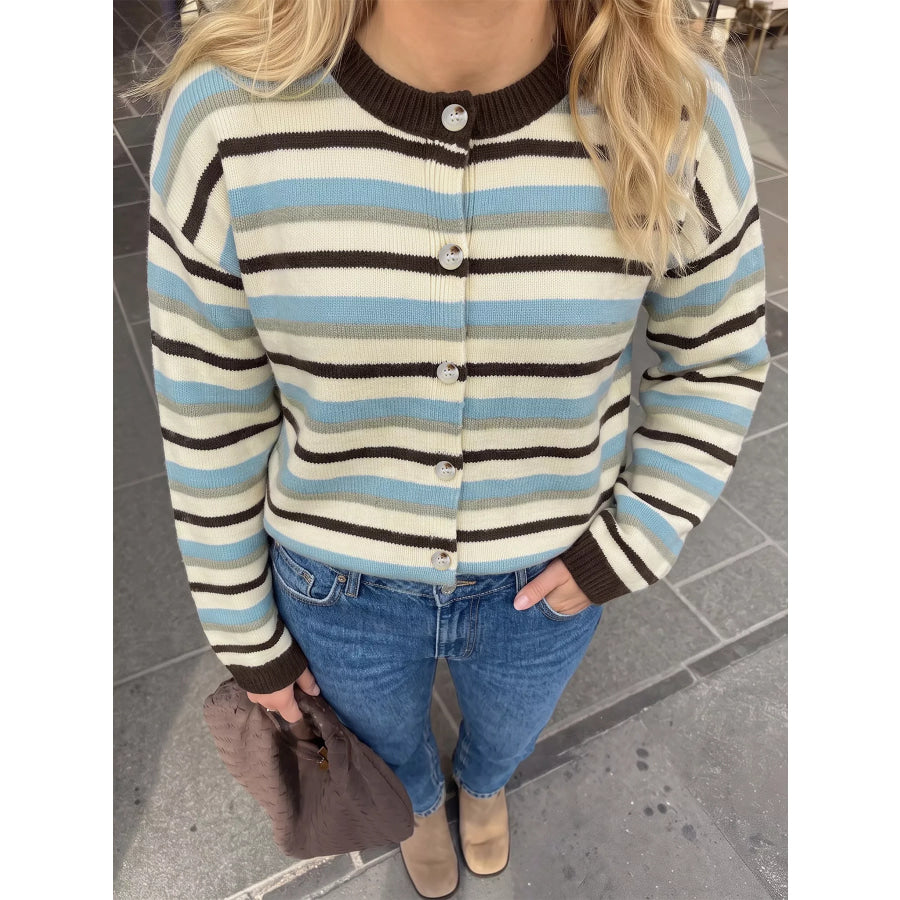 Striped Crew Neck Button-Down Cardigan Multicolor / S Apparel and Accessories