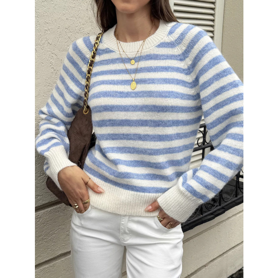 Striped Crew Neck Dropped Shoulder Sweater Apparel and Accessories