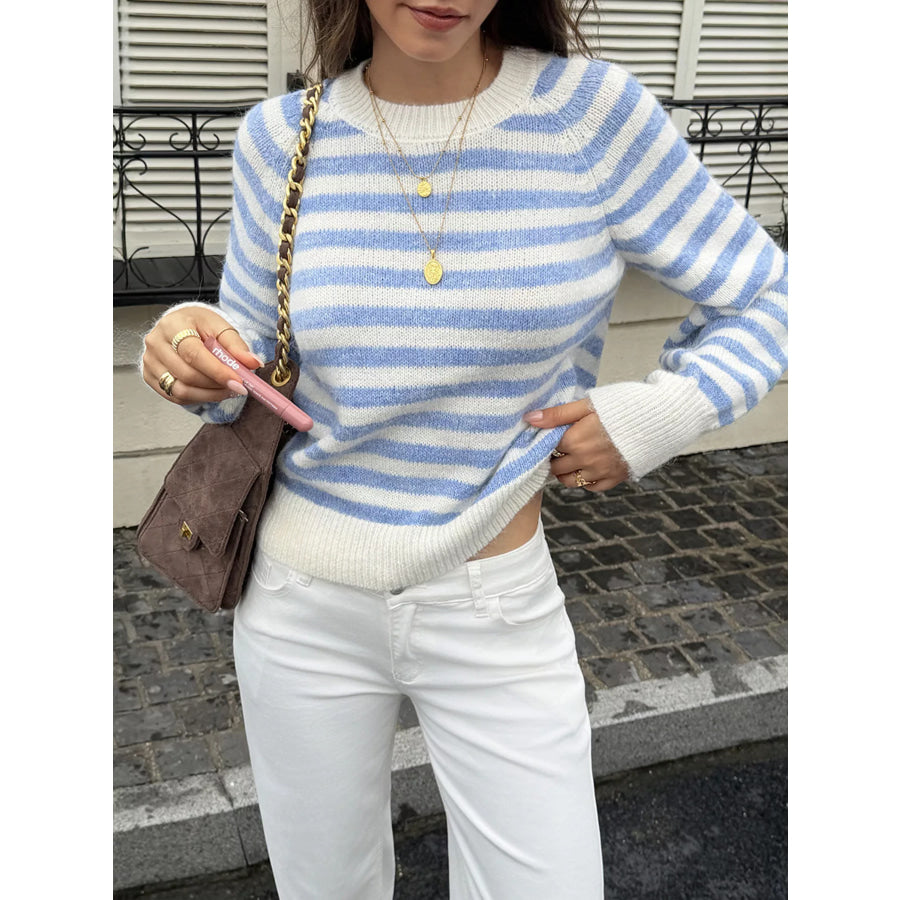 Striped Crew Neck Dropped Shoulder Sweater Light Blue / S Apparel and Accessories