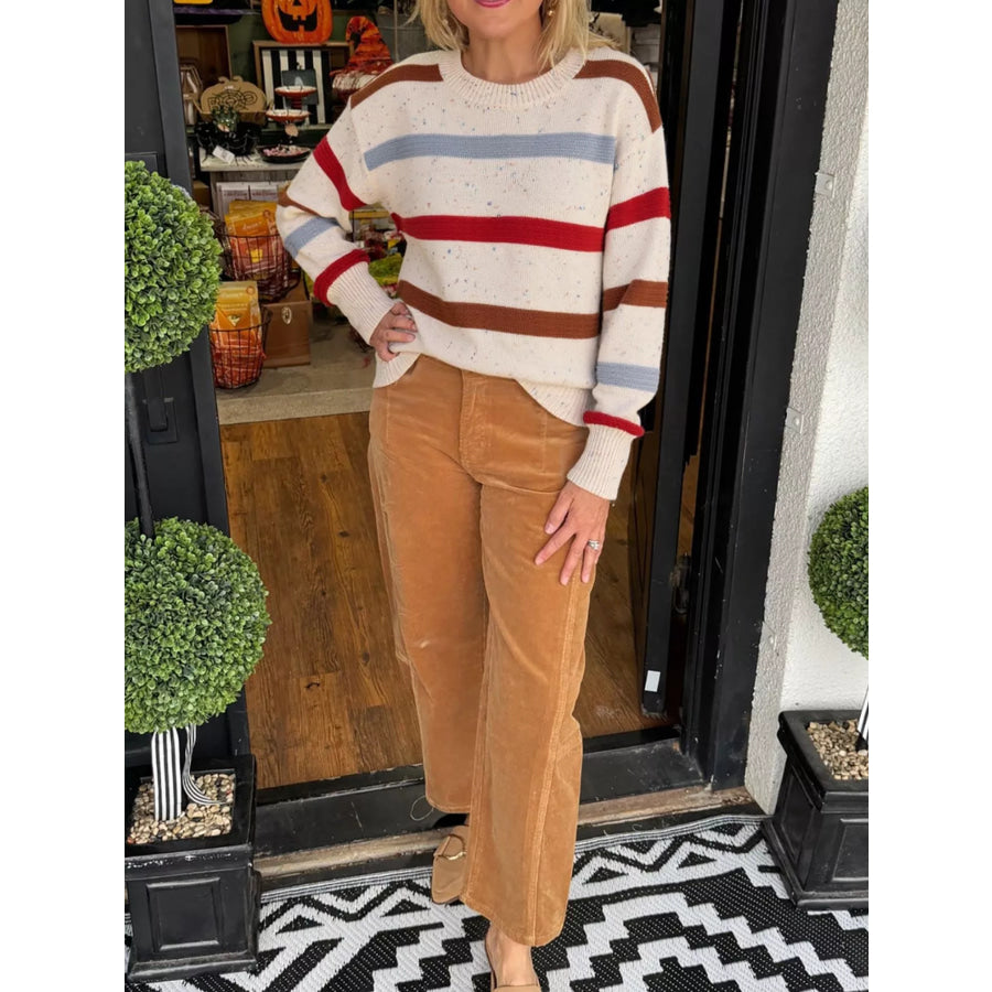 Striped Crew Neck Long Sleeve Sweater Apparel and Accessories