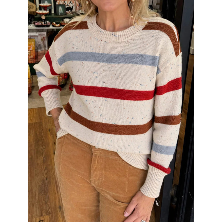 Striped Crew Neck Long Sleeve Sweater Apparel and Accessories